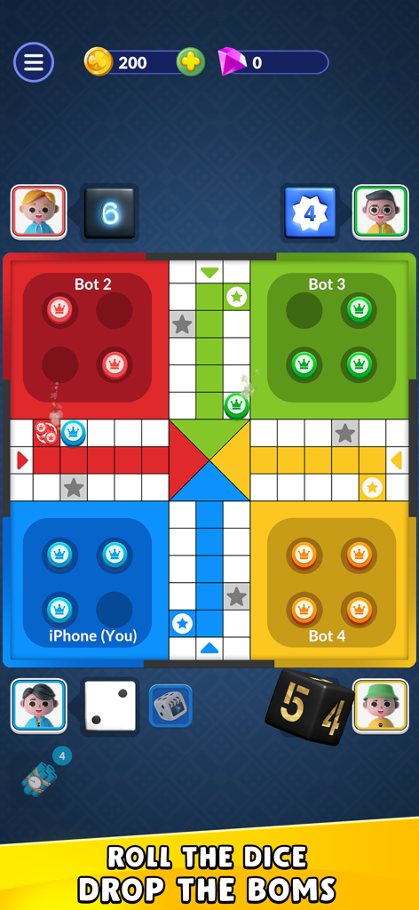 Ludo Blitz: Fun Dice Game - Ludo Blitz gameplay showing a four-player board with dice rolls and bomb mechanics
