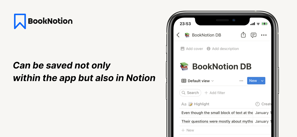 BookNotion app interface showing book highlights synced to a Notion database