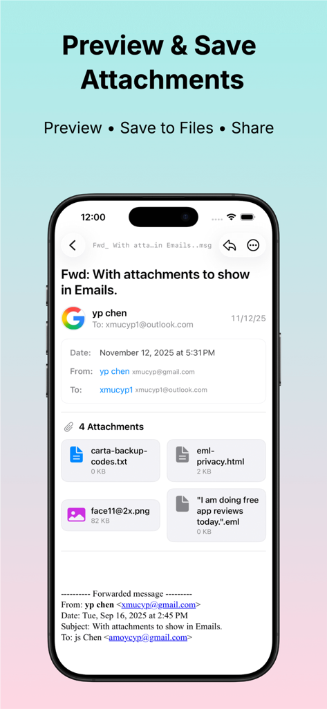 MBOX Viewer - MBOX Viewer app showing email attachments preview and save options on iPhone
