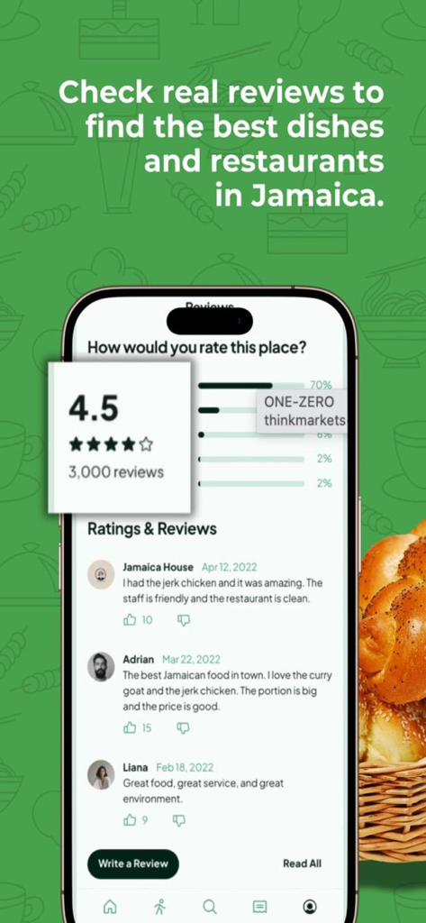 A mobile app screen showing user ratings and reviews for Jamaican restaurants and local food dishes.