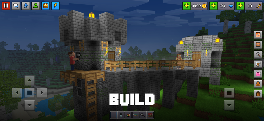 Gameplay screenshot of building a stone castle in Block World 3D