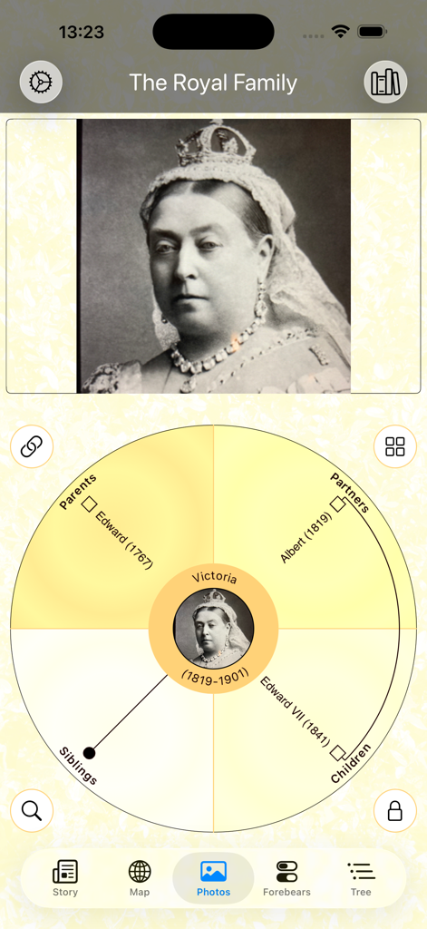 Oberfläche der Forebears-App, die das Wonder Wheel-Navigationstool mit Daten zum Stammbaum von Königin Victoria zeigt