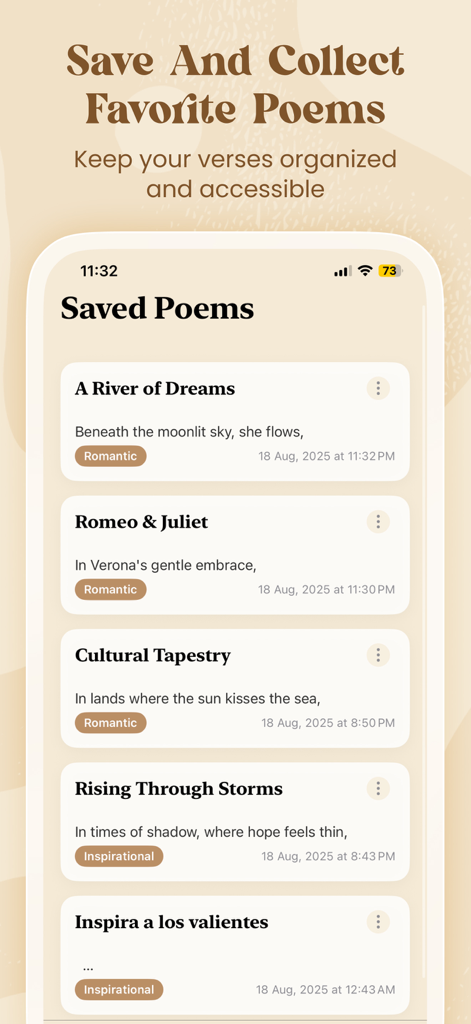 Oberfläche der KI-Gedichtgenerator-App, die eine Liste gespeicherter personalisierter Gedichte mit romantischen und inspirierenden Kategorien zeigt.