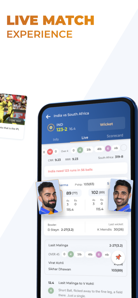 OneCricket - OneCricket app displaying a live cricket match score between India and South Africa with ball by ball updates and player photos.