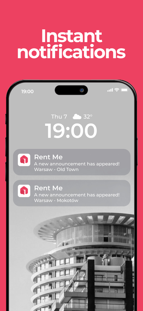 Pantalla de bloqueo de smartphone que muestra notificaciones push instantáneas de nuevos anuncios de alquiler en Varsovia desde la aplicación RentMe