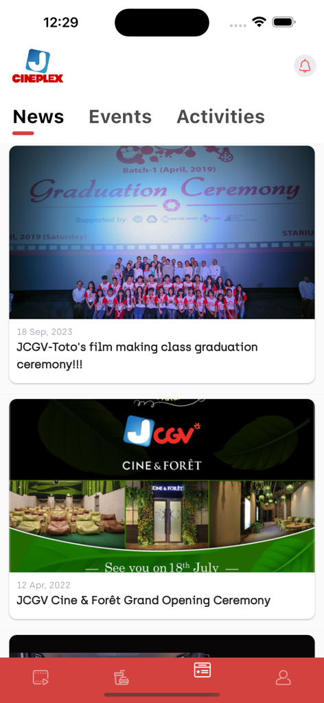 News section of the J Cineplex app showing cinema events and grand opening announcements