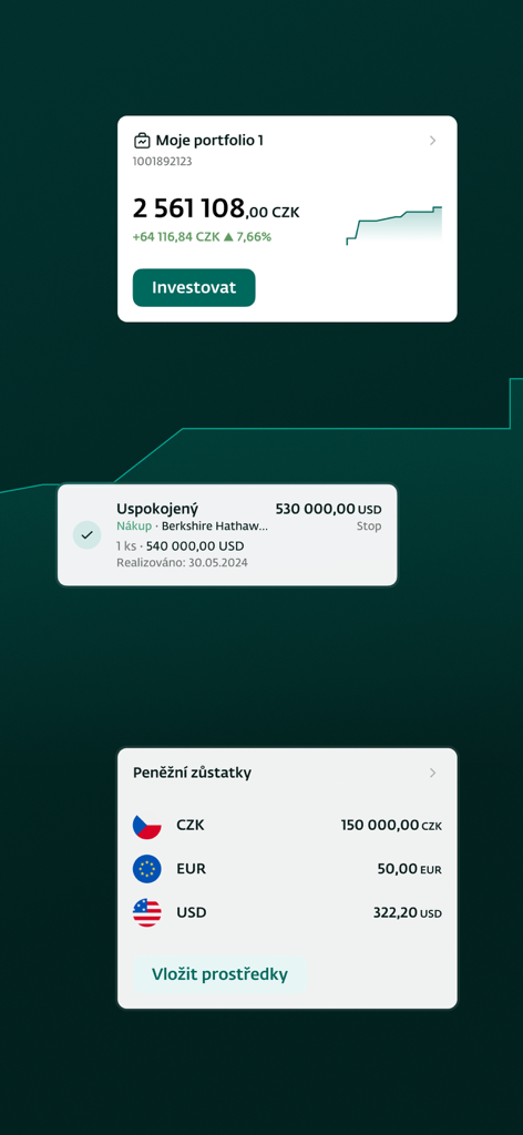 J&T Banka app interface displaying investment portfolio performance, a stock purchase confirmation, and multi-currency cash balances in CZK, EUR, and USD.