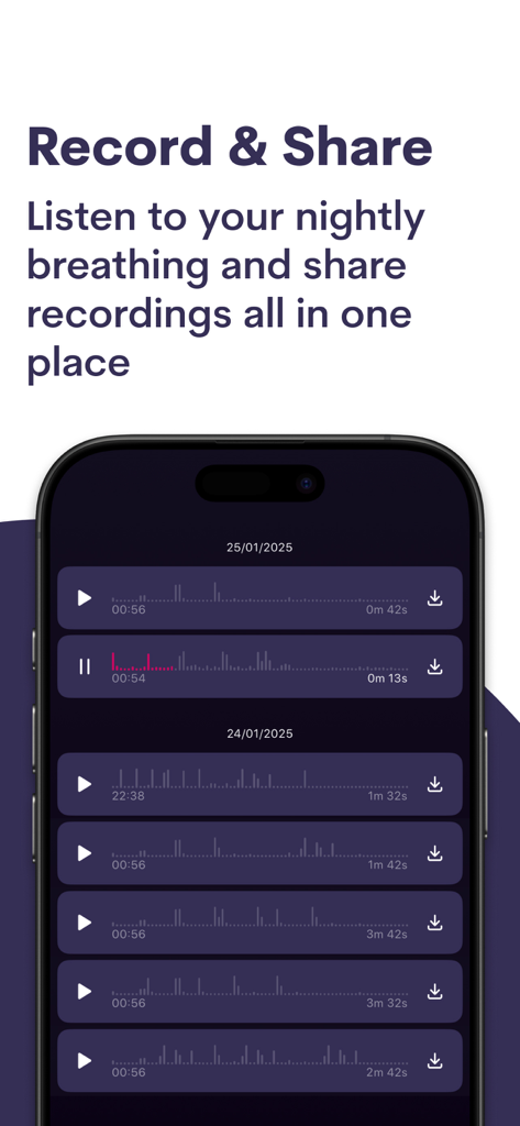 AI Snoring Alarm · Silent Owl - Interface of the Silent Owl app showing a list of nightly snoring and breathing recordings with playback buttons and audio waveforms