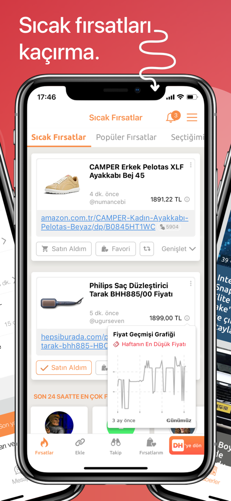 DonanimHaber app interface displaying hot deals on products with a price history graph