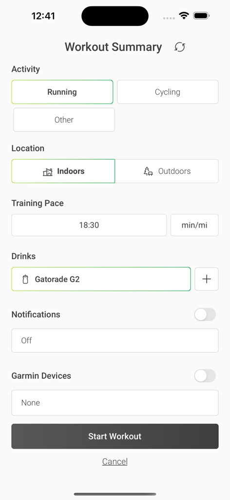 Nix Solo - Bildschirm zur Zusammenfassung des Nix Solo Trainings, um Aktivitätstyp und Hydrationsgetränk auszuwählen.