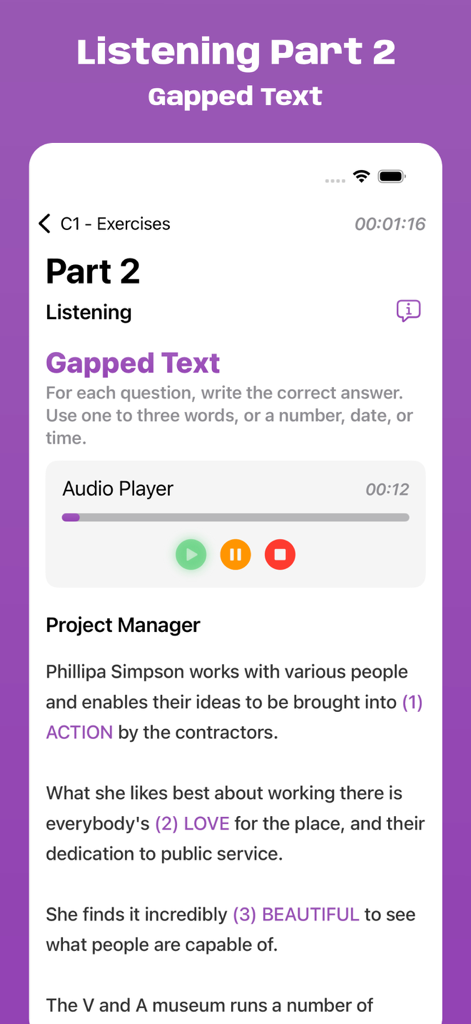 Una schermata di un'app mobile per la pratica della Parte 2 di Listening dell'Esame Cambridge C1 con un esercizio di testo con lacune e un lettore audio.