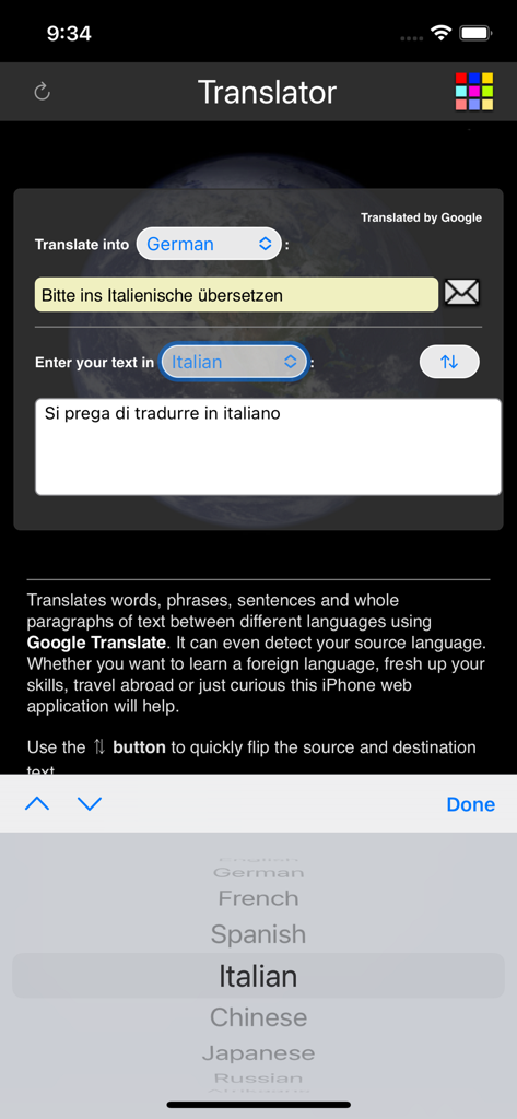 Screenshot of Language Translator app interface showing text translation from German to Italian