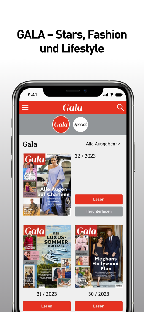 GALA Magazin - GALA Magazin App-Bildschirm, der eine Bibliothek digitaler Promi- und Lifestyle-Magazinausgaben anzeigt.