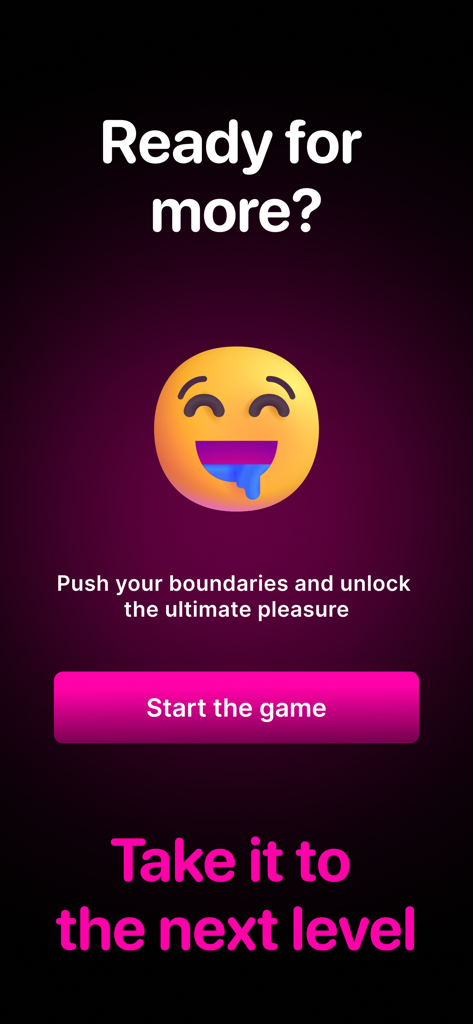 Interfaz de la aplicación DareMe mostrando una llamada a la acción para iniciar el juego y llevar la intimidad al siguiente nivel.