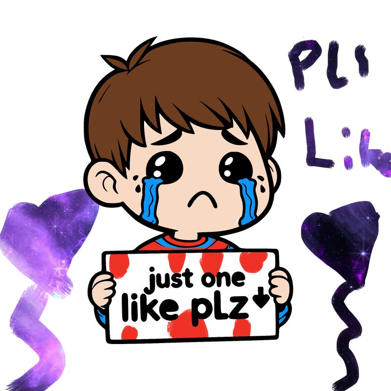 realistic crying boy with a sign saying just one like plz