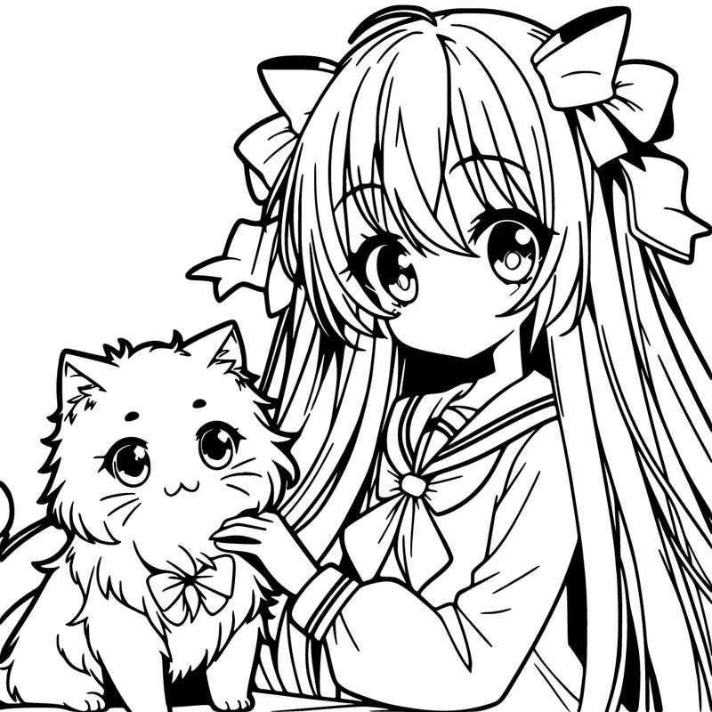a anime girl with long hair and bows with a anine maga cat