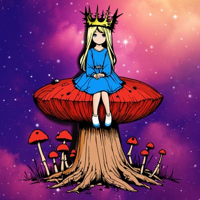 realistic girl sitting on a huge tree stump size toadstool with thorn crown