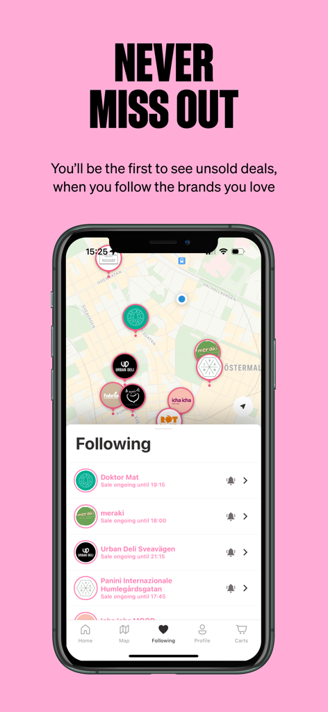 Une interface d'application mobile montrant une carte avec les emplacements des magasins d'alimentation et une liste des restaurants suivis ayant des offres de surplus alimentaires actives.