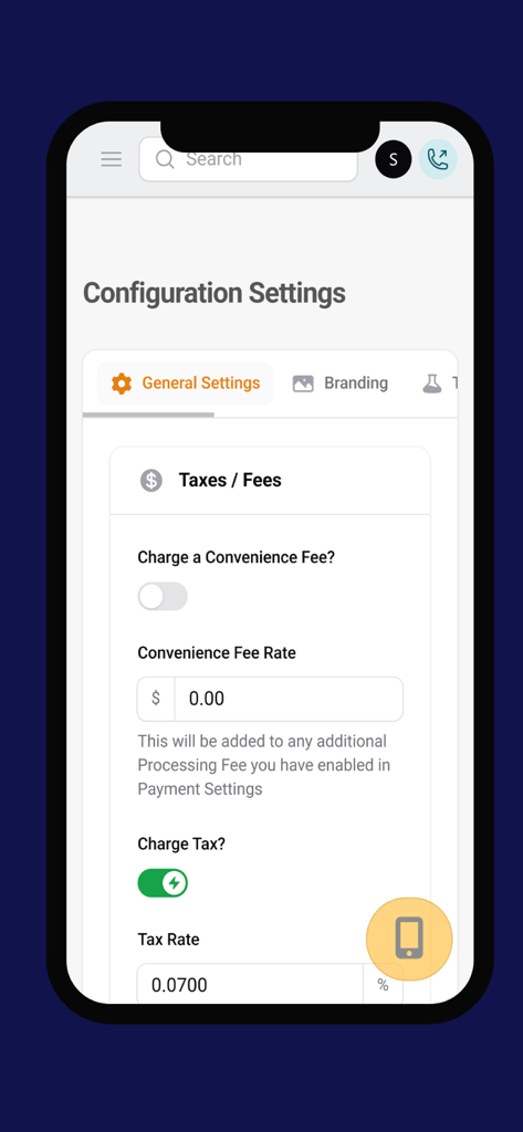 OrderUp App - Managing App - Configuration settings screen in OrderUp App for managing taxes and convenience fee rates.