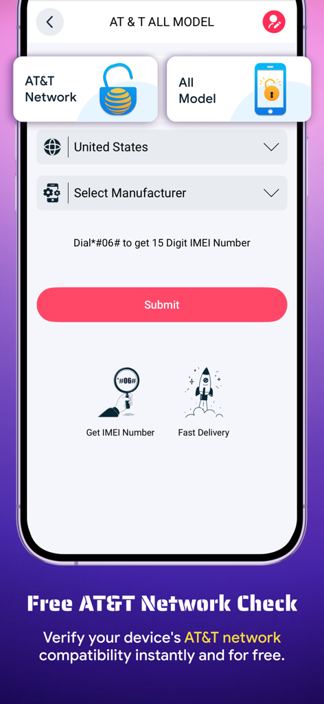 SIM Card Status Checker app showing a free AT&T network compatibility check interface with IMEI input.