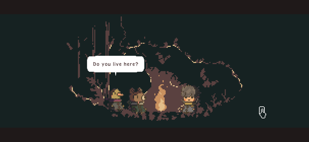 Pixel art scene from BOKURA showing characters around a fire with a dialogue bubble