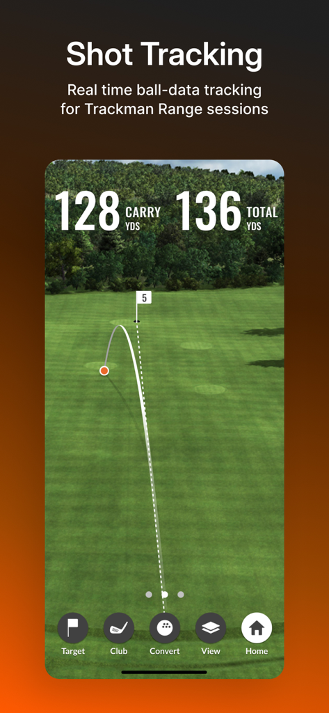 Trackman Golf app interface showing real-time shot tracking and ball flight data on a virtual driving range
