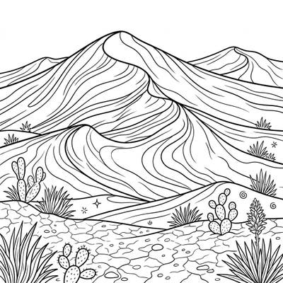 Journey into the heart of the desert with this stunning Sand Dunes coloring page, perfect for all ages. Unleash your creativity as you bring these iconic landscapes and desert flora to life with vibrant colors.