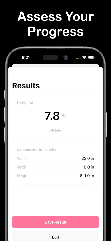 Body Stats: Body Tracking - A smartphone screen displaying body fat percentage and body measurement results in the Body Stats app