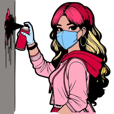 realistic girl with mask spray painting a wall