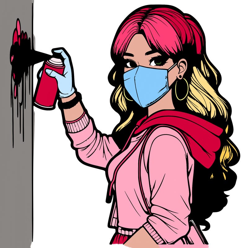 realistic girl with mask spray painting a wall