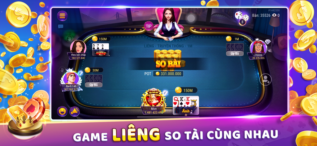 KPlay: Online Social Poker - Gameplay screen of KPlay app featuring the Vietnamese card game Liêng with social poker elements
