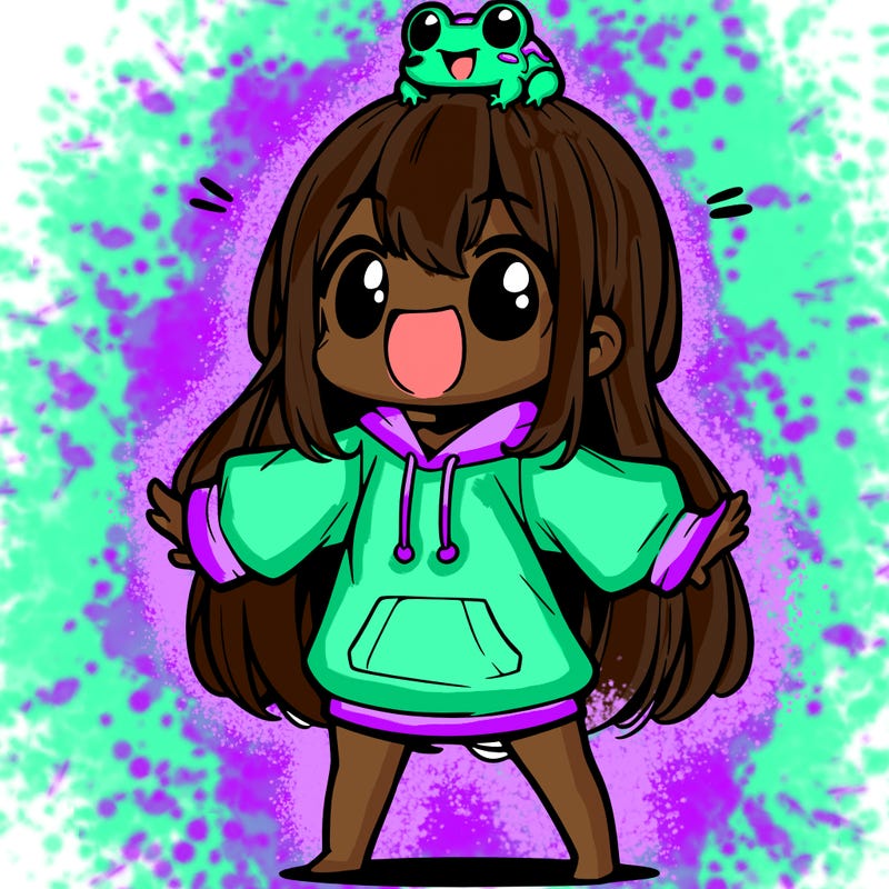 a excited chibi girl whith long hair and a baggy shirt whith a frog on there head