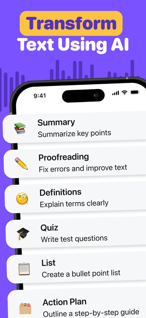 Interfaz de la aplicación Tomador de Notas IA que muestra opciones de transformación de texto, incluida la corrección de resúmenes y la generación de cuestionarios