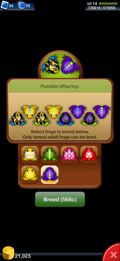 Menú de cría en Pocket Frogs que muestra posibles crías de ranas coloridas