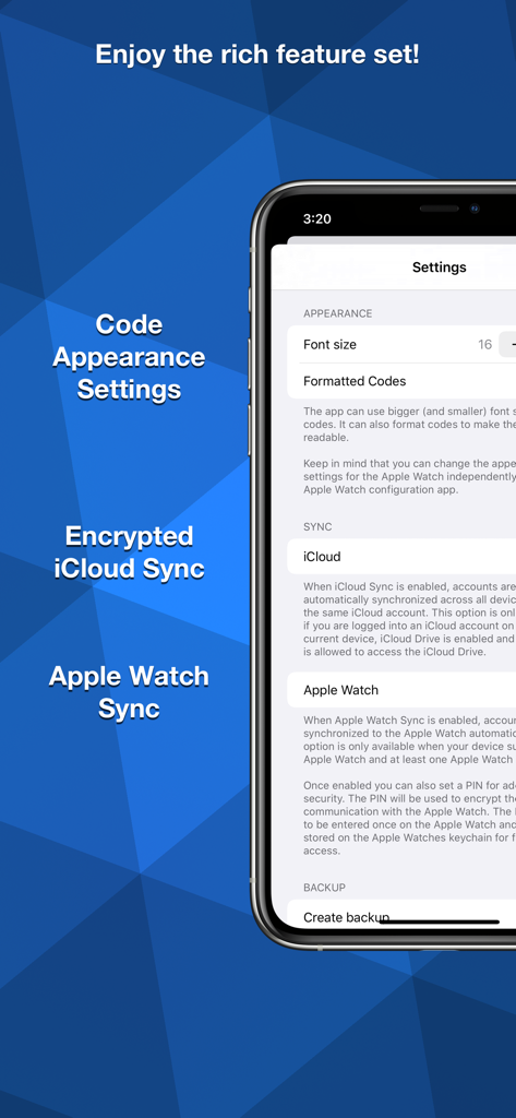 OTP Auth - OTP Auth app settings screen highlighting features like code appearance, encrypted iCloud sync, and Apple Watch support.
