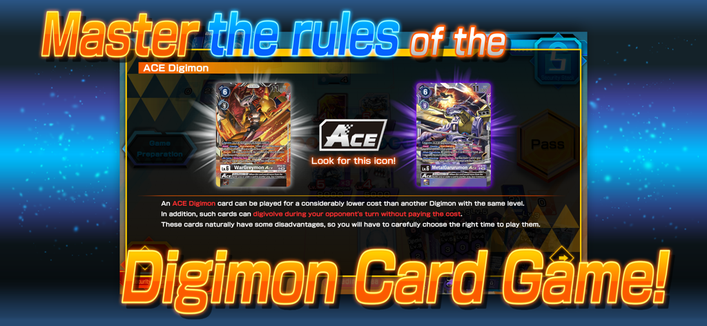 Digimon Card Game tutorial screen explaining the mechanics and rules of ACE Digimon cards