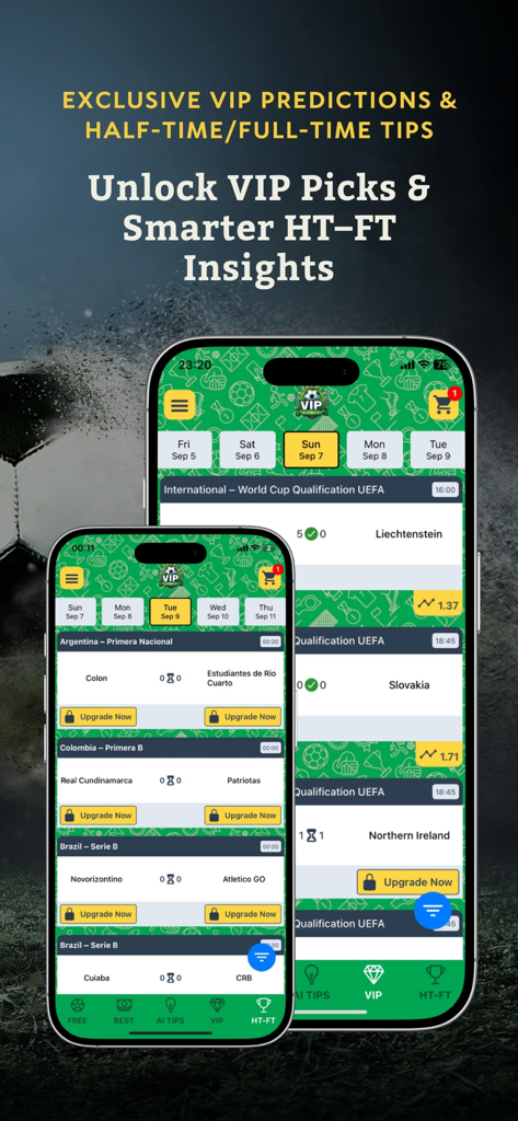 Vip Betting Tips Prediction - Interfaz de la aplicación VIP Betting Tips Prediction mostrando pronósticos exclusivos e información de medio tiempo/tiempo completo de fútbol