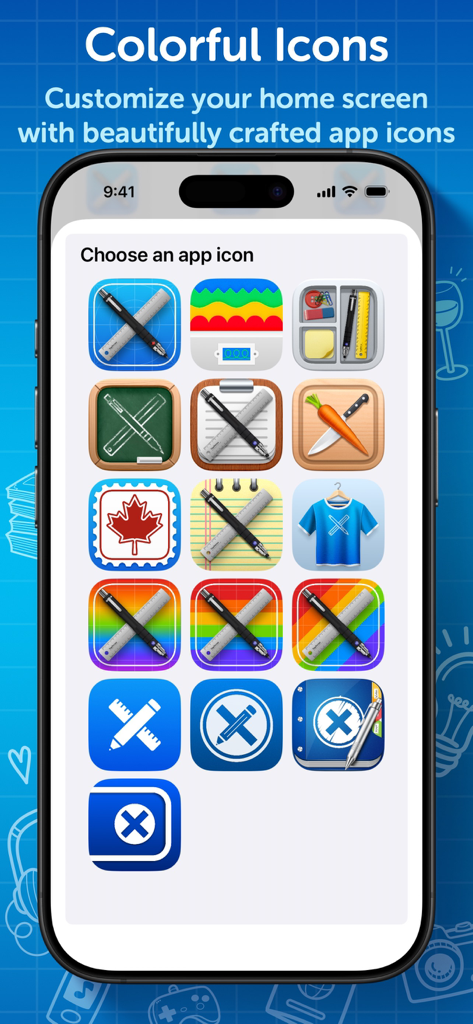 Um menu mostrando várias opções de ícones de aplicativos coloridos para personalizar a tela inicial do Tap Forms Database Pro