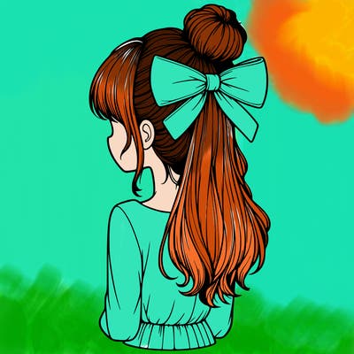 realistic girl  with hip length hair a bun and a big bow on the back of head