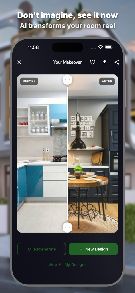 AI Home Decor : Room Makeover - Side-by-side before and after comparison of a kitchen transformation using AI home design technology
