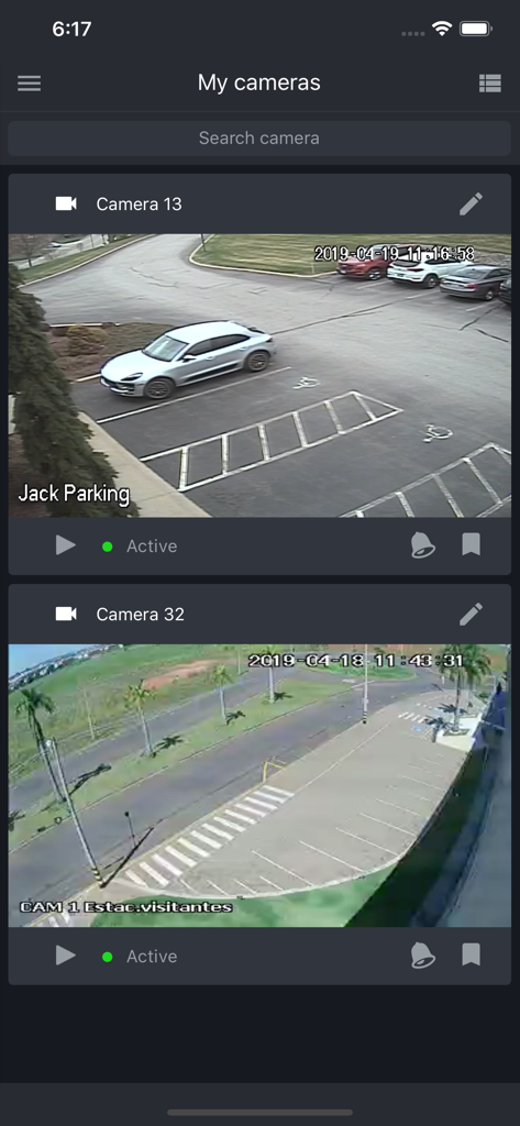 Flussonic Watcher - リアルタイムの駐車場ビューを備えたアクティブな監視カメラフィードのリストを示すモバイルアプリインターフェイス。