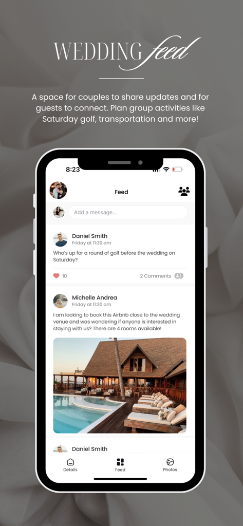 Guestlist Wedding App - Private social feed in the Guestlist Wedding App showing guest posts about group activities and travel arrangements.