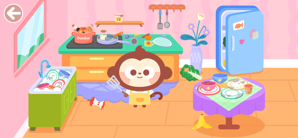 Develop good habits：DuDu Game - A cartoon monkey character in an apron stands in a messy kitchen ready to help with cleaning tasks.