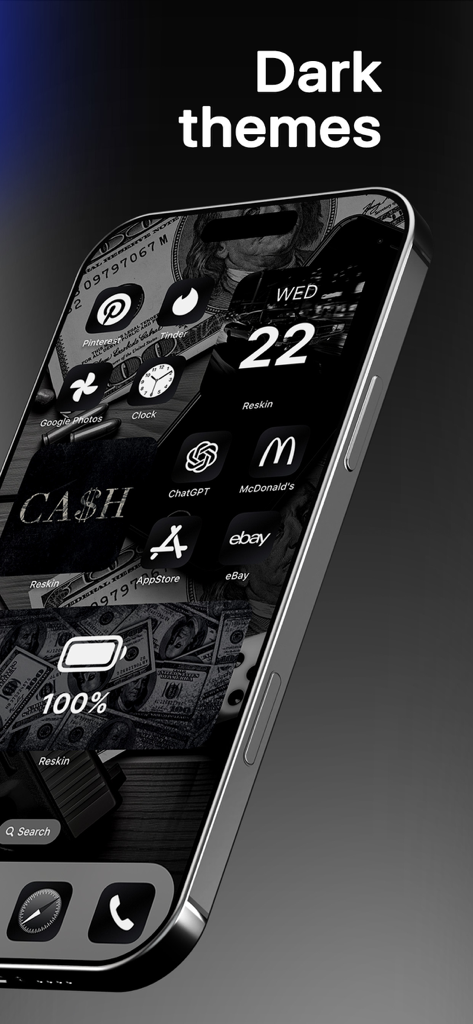 A custom dark theme on an iPhone with monochrome icons and stylish widgets.