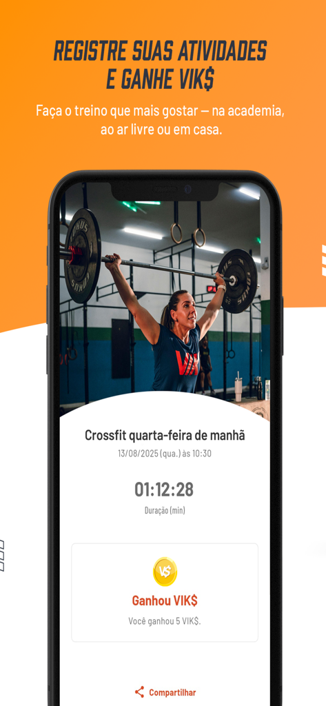 VIK - VIK app interface showing a recorded weightlifting session and earned VIK rewards