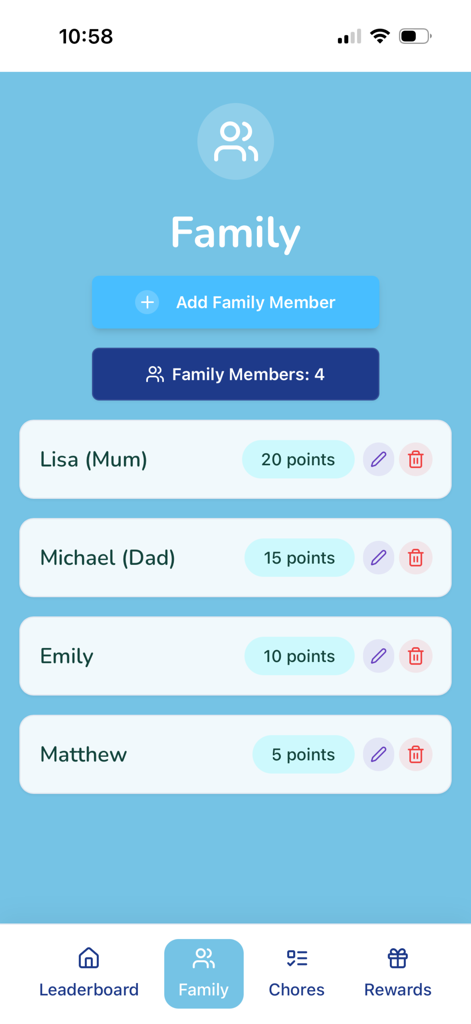 Der Familienbildschirm der Chore Wars App zeigt eine Liste von Familienmitgliedern und ihren verdienten Punkten.