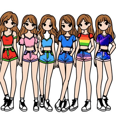 a group of girls wearing crop tops and shorts