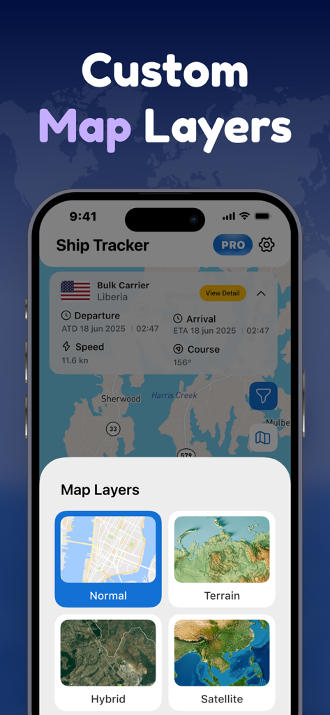 Schiffsverfolgungs- und Schiff-Finder App-Oberfläche mit benutzerdefinierten Karten-Layer-Optionen wie normale, Geländeflächen-, Hybrid- und Satellitenansichten