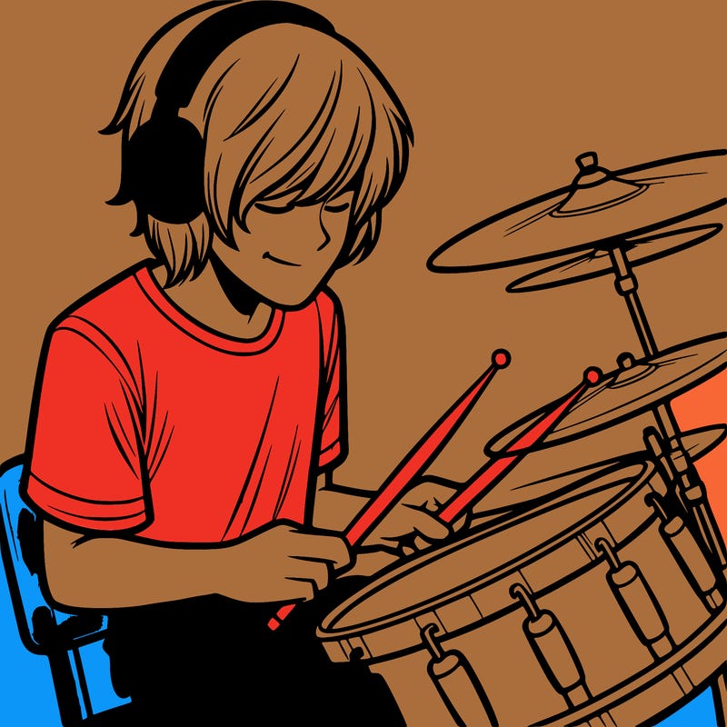 teen boy with long  hair headphones on playing drums