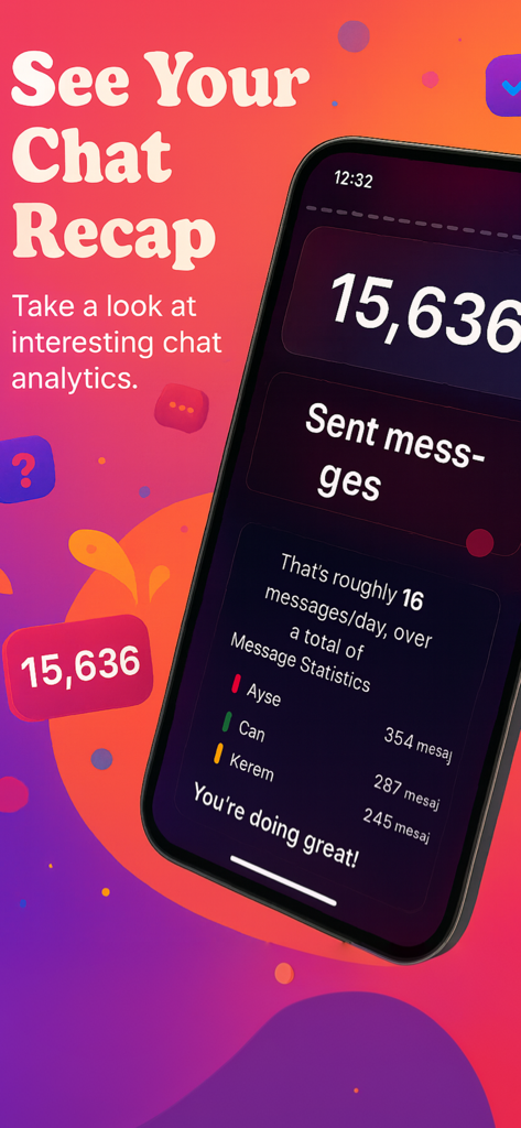 WaRecap - Chats Analyzer - WaRecap app dashboard showing chat analytics and sent message counts on a smartphone.